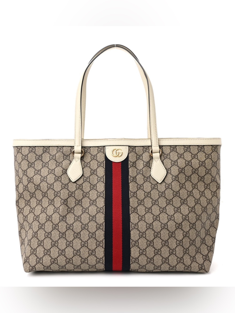 Gucci Ophidia GG Supreme Medium Web Tote Beige Canvas Ivory Leather Authentic - Picture 4 of 13